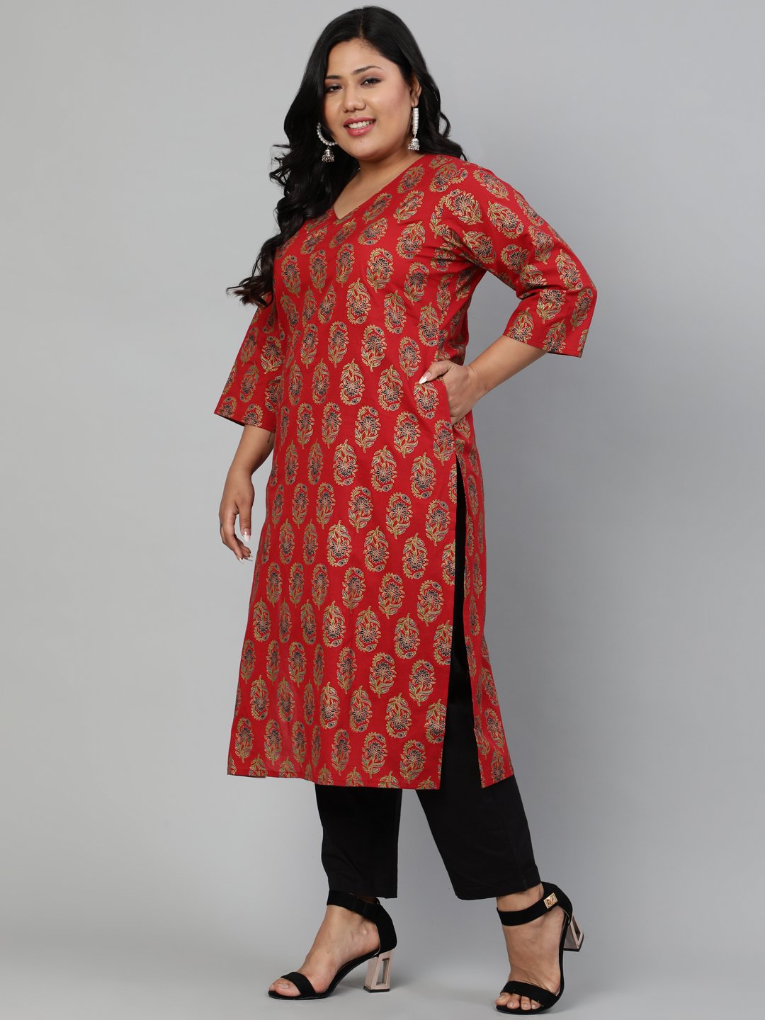 Women Red Ethnic Motifs Printed Regular Straight Kurta | NOZ2TOZ - Made In INDIA.