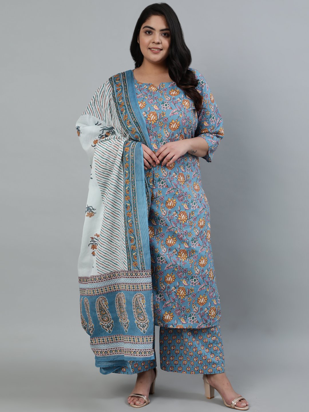 Women Blue Pure Cotton Floral Printed Regular Kurta With Trousers & Dupatta | NOZ2TOZ - Made In INDIA.