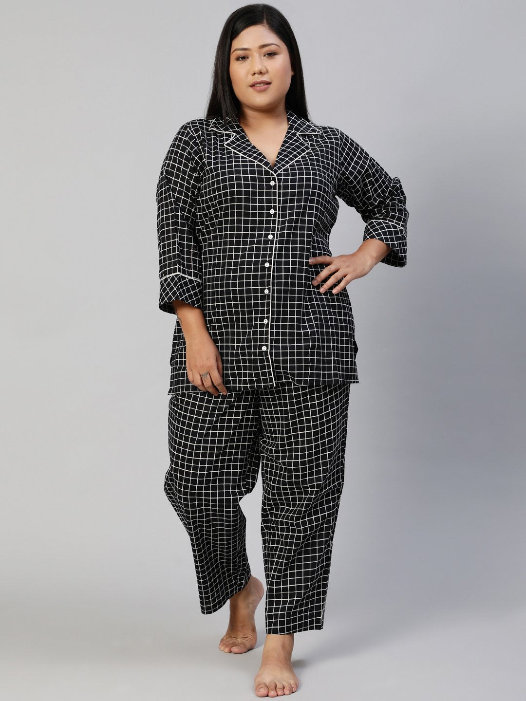 Women Black Checked Night Suit | NOZ2TOZ - Made In INDIA.