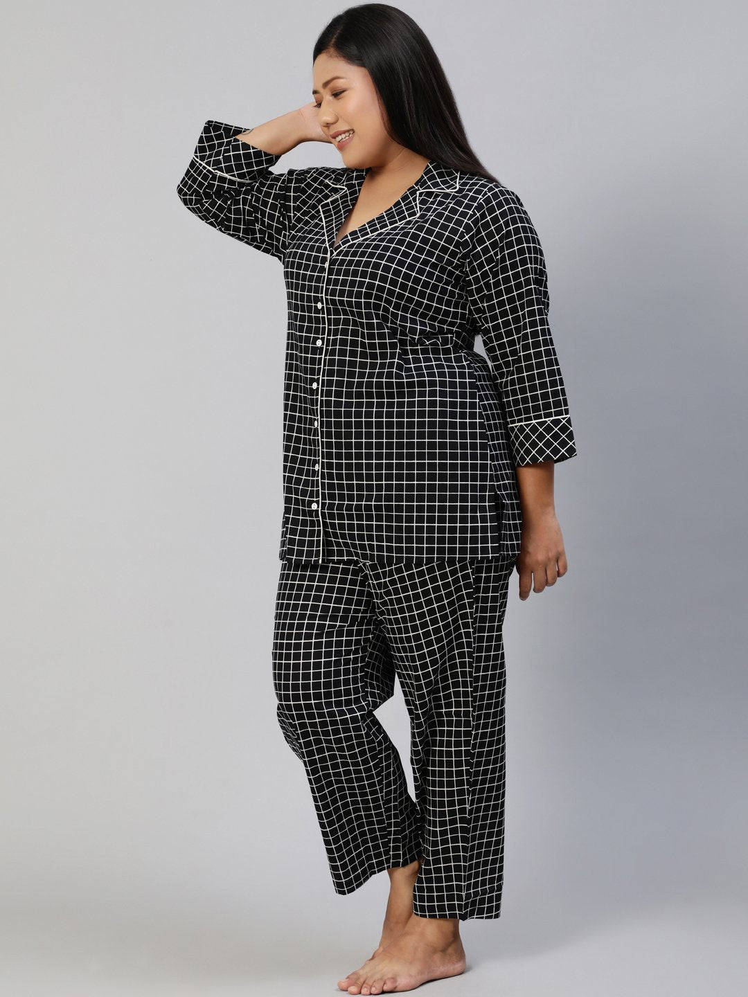 Women Black Checked Night Suit | NOZ2TOZ - Made In INDIA.