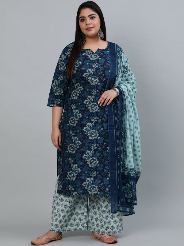 Women Blue Printed Straight Kurta With Plazzo & Dupatta | NOZ2TOZ - Made In INDIA.