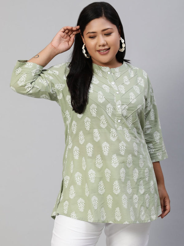 Women Sage Green Printed Tunic With Three Quarter Sleeves | NOZ2TOZ - Made In INDIA.