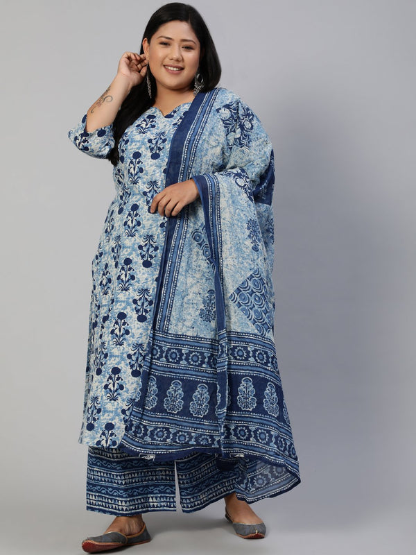 Women Blue Printed Straight Kurta With Plazo & Dupatta | NOZ2TOZ - Made In INDIA.