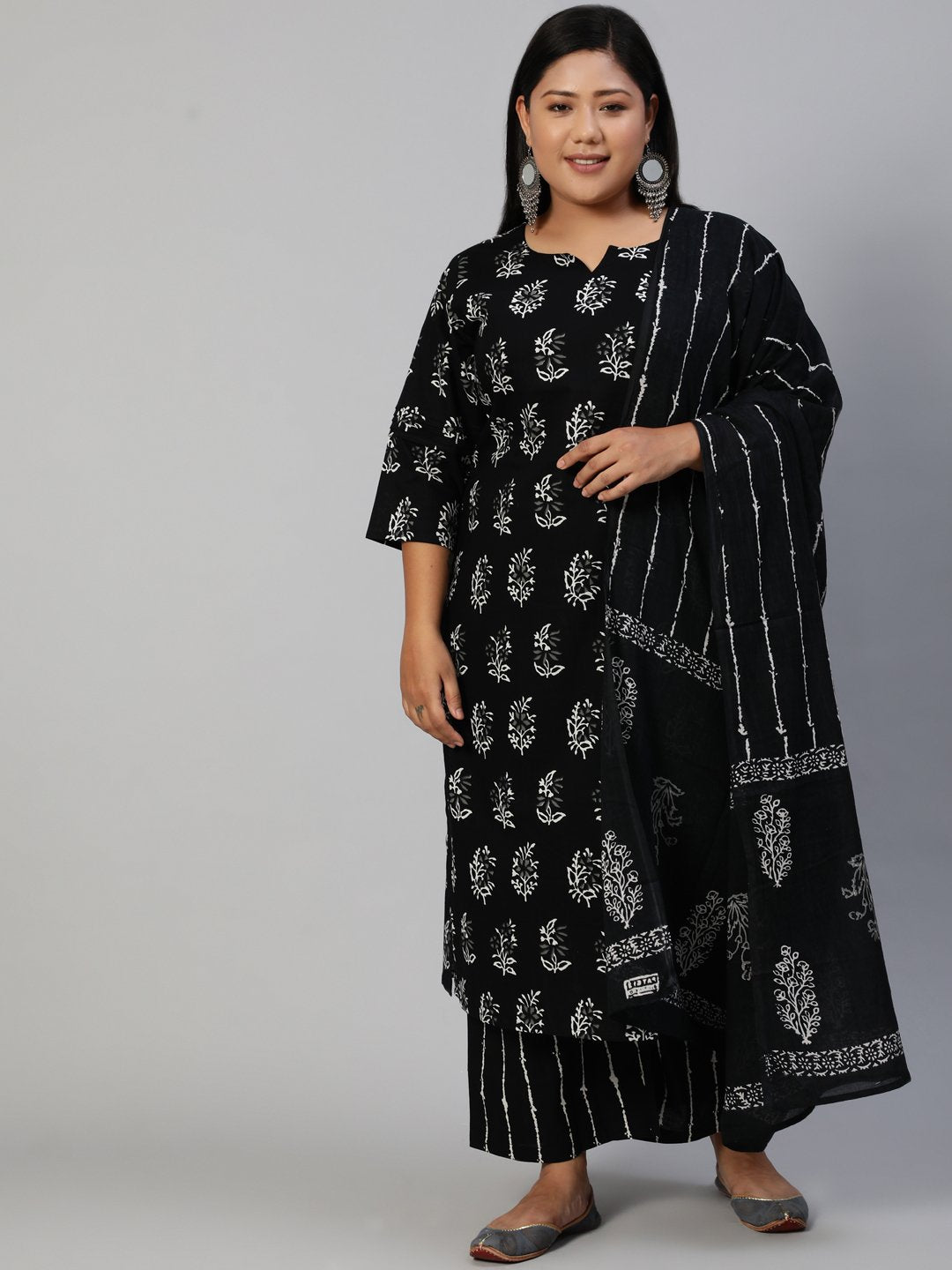 Women Black Printed Straight Kurta With Plazo & Dupatta | NOZ2TOZ - Made In INDIA.