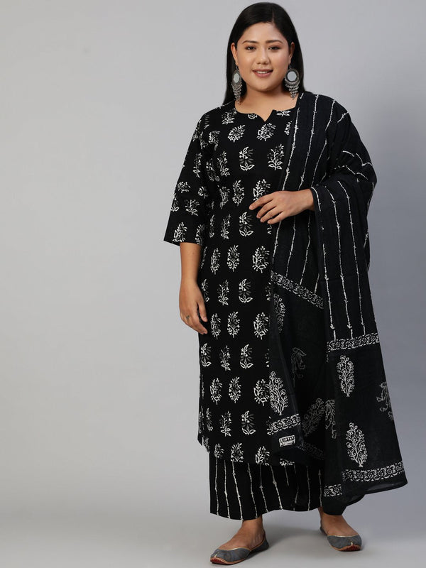 Women Black Printed Straight Kurta With Plazo & Dupatta | NOZ2TOZ - Made In INDIA.