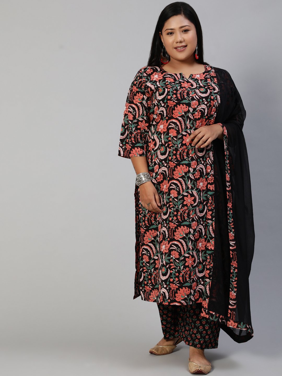 Women Black & Peach Printed Straight Kurta With Plazo & Dupatta | NOZ2TOZ - Made In INDIA.