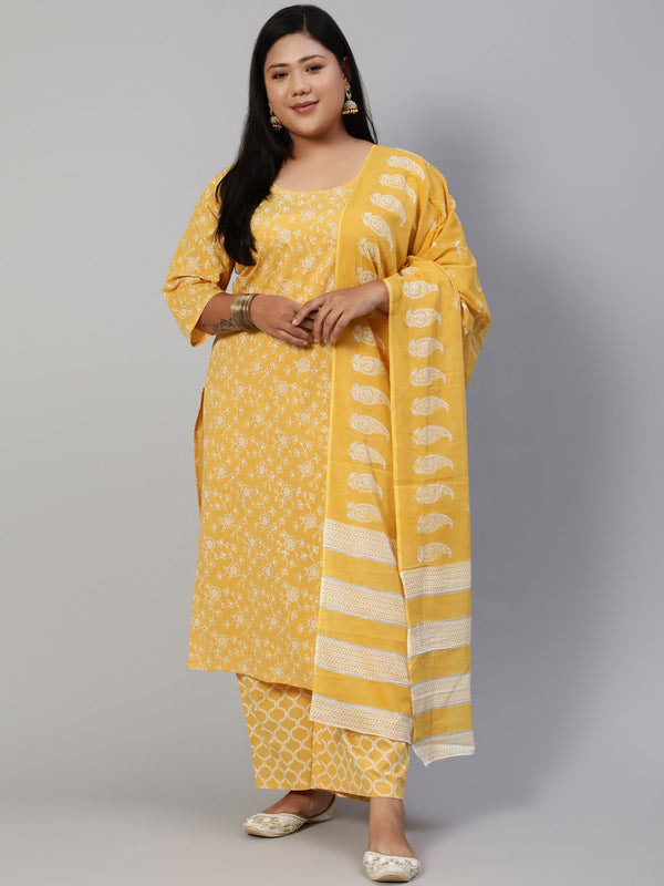 Women Yellow & Glitter Printed Straight Kurta With Plazo & Dupatta | NOZ2TOZ - Made In INDIA.