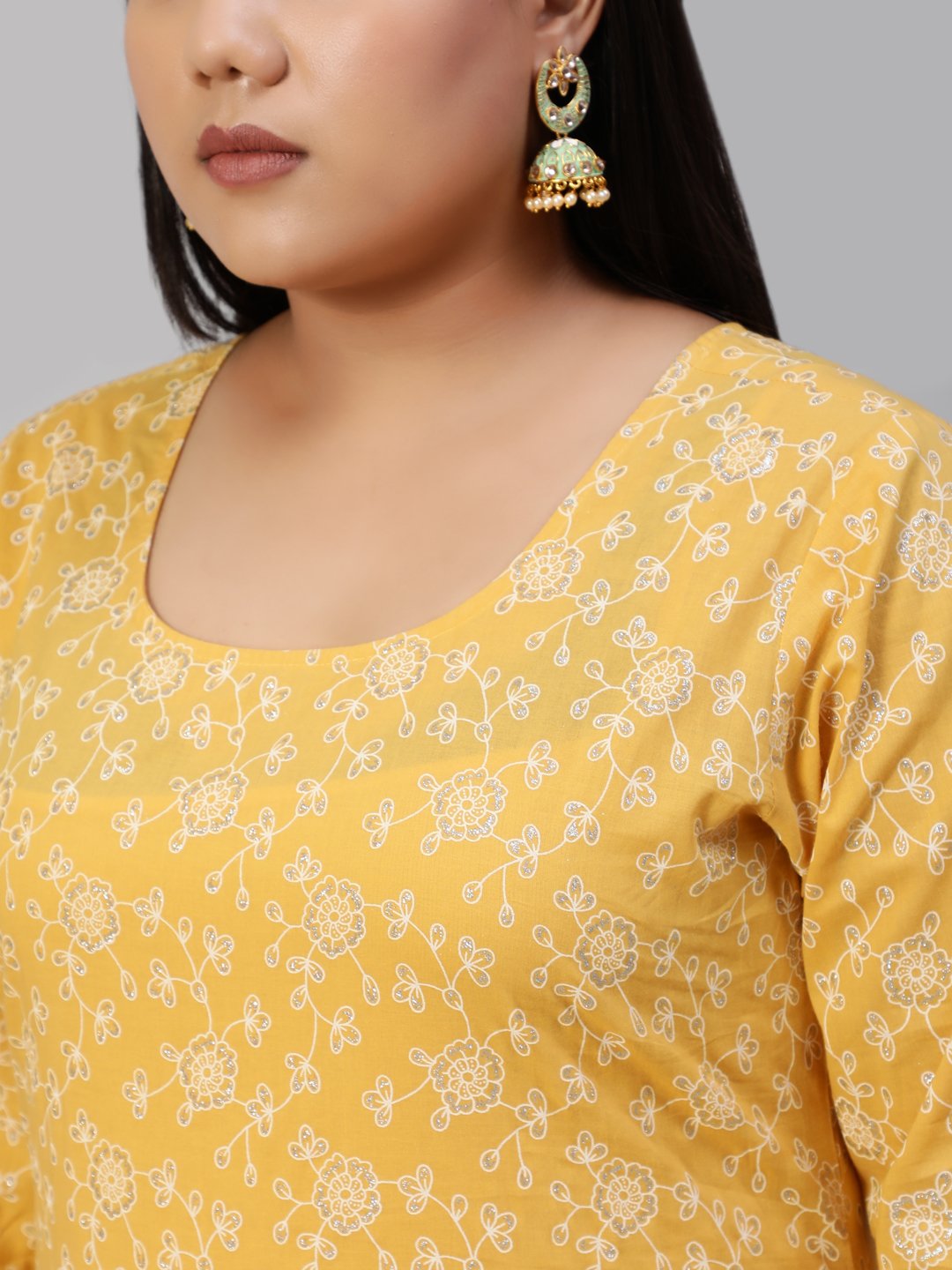 Women Yellow & Glitter Printed Straight Kurta With Plazo & Dupatta | NOZ2TOZ - Made In INDIA.