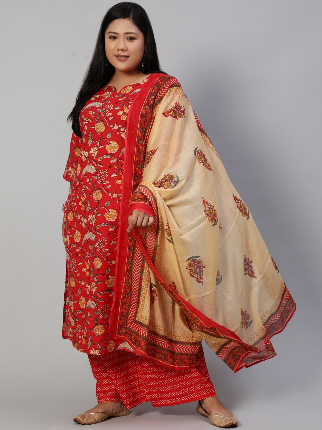 Women Red Printed Straight Kurta With Plazo & Dupatta | NOZ2TOZ - Made In INDIA.