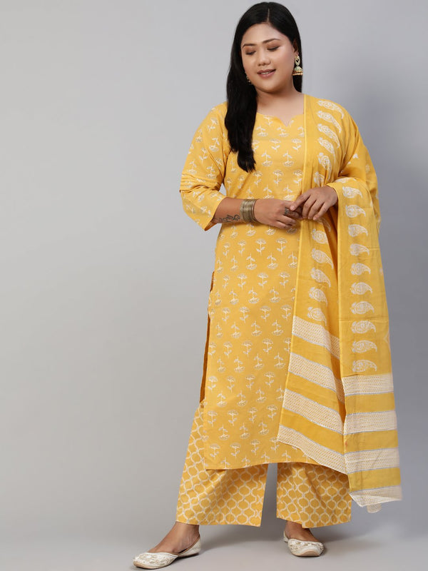 Women Yellow & Glitter Printed Straight Kurta With Plazo & Dupatta | NOZ2TOZ - Made In INDIA.