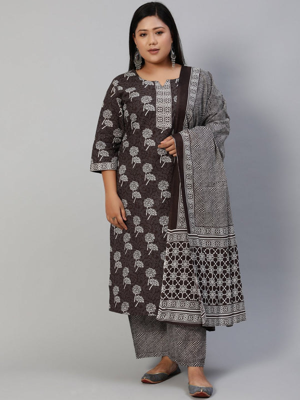 Women Dark Grey Printed Straight Kurta With Plazo & Dupatta | NOZ2TOZ - Made In INDIA.