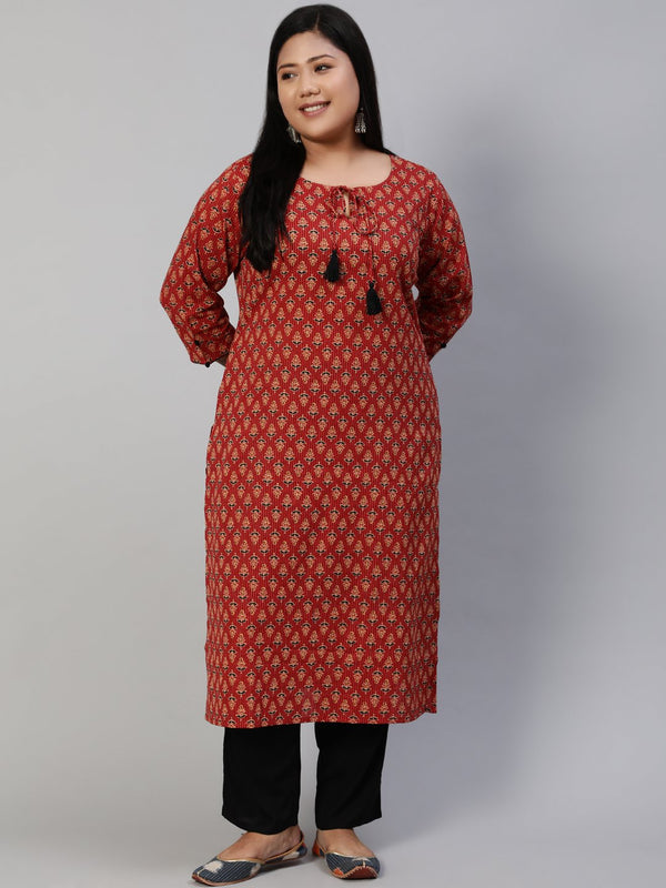 Women Red Kantha Printed Straight Kurta With Three Quarter Sleeves | NOZ2TOZ - Made In INDIA.