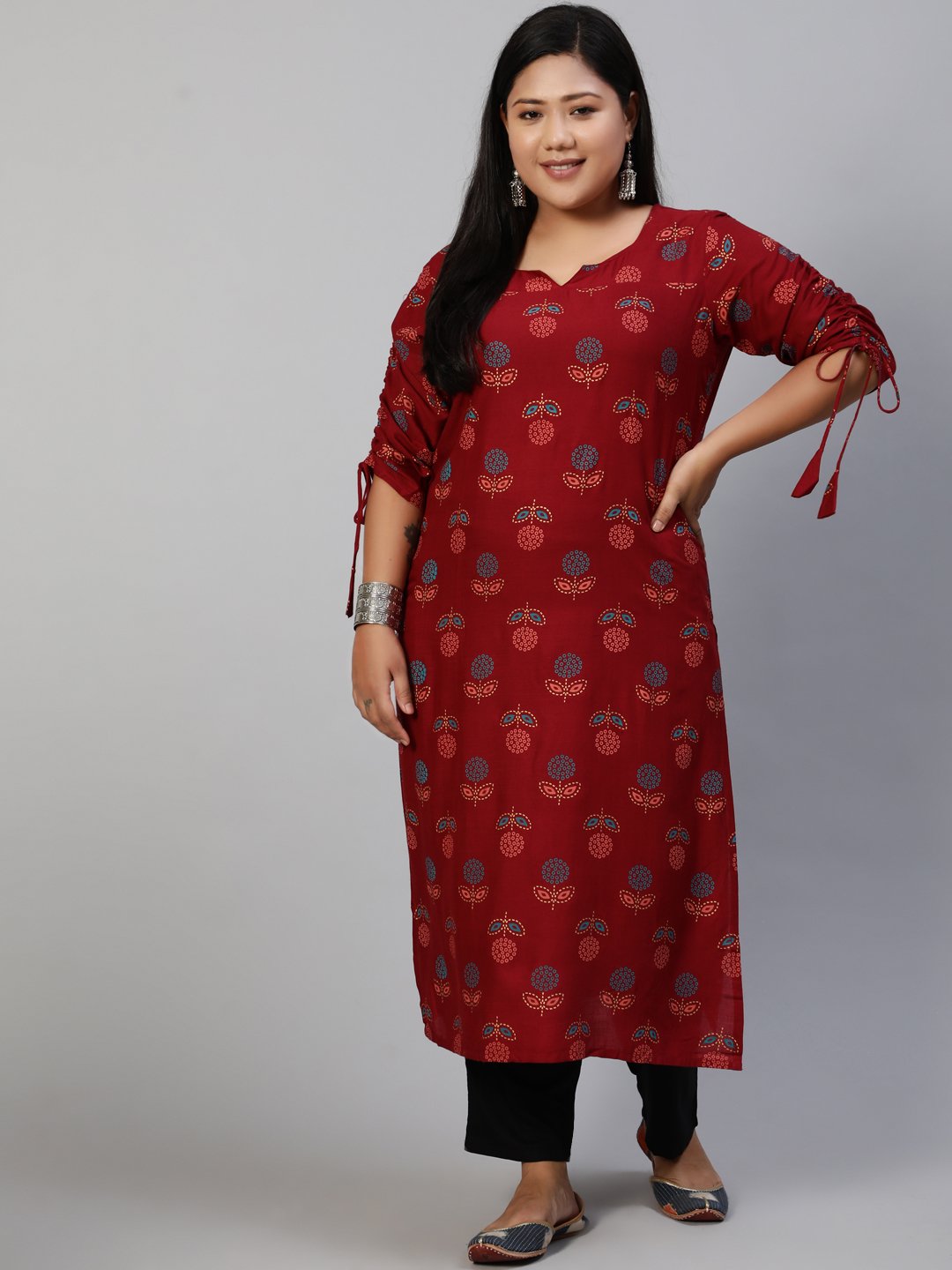 Women Maroon Printed Straight Kurta With Three Quarter Sleeves | NOZ2TOZ - Made In INDIA.