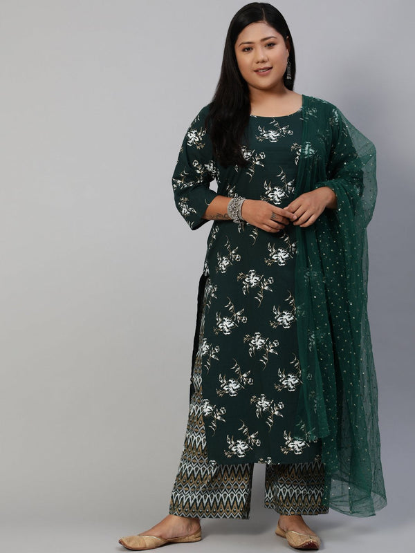 Women Green & Gold Printed Straight Kurta With Plazo & Dupatta | NOZ2TOZ - Made In INDIA.