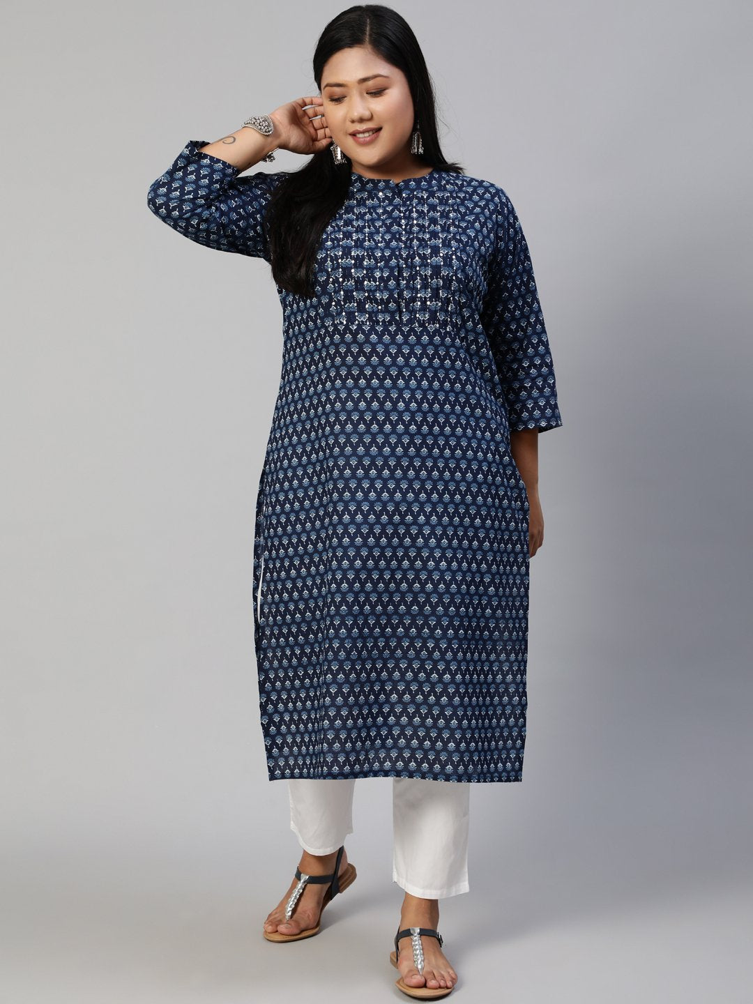 Women Blue Hand Work Printed Straight Kurta With Three Quarter Sleeves | NOZ2TOZ - Made In INDIA.