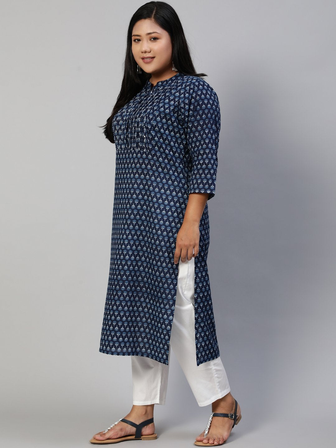 Women Blue Hand Work Printed Straight Kurta With Three Quarter Sleeves | NOZ2TOZ - Made In INDIA.