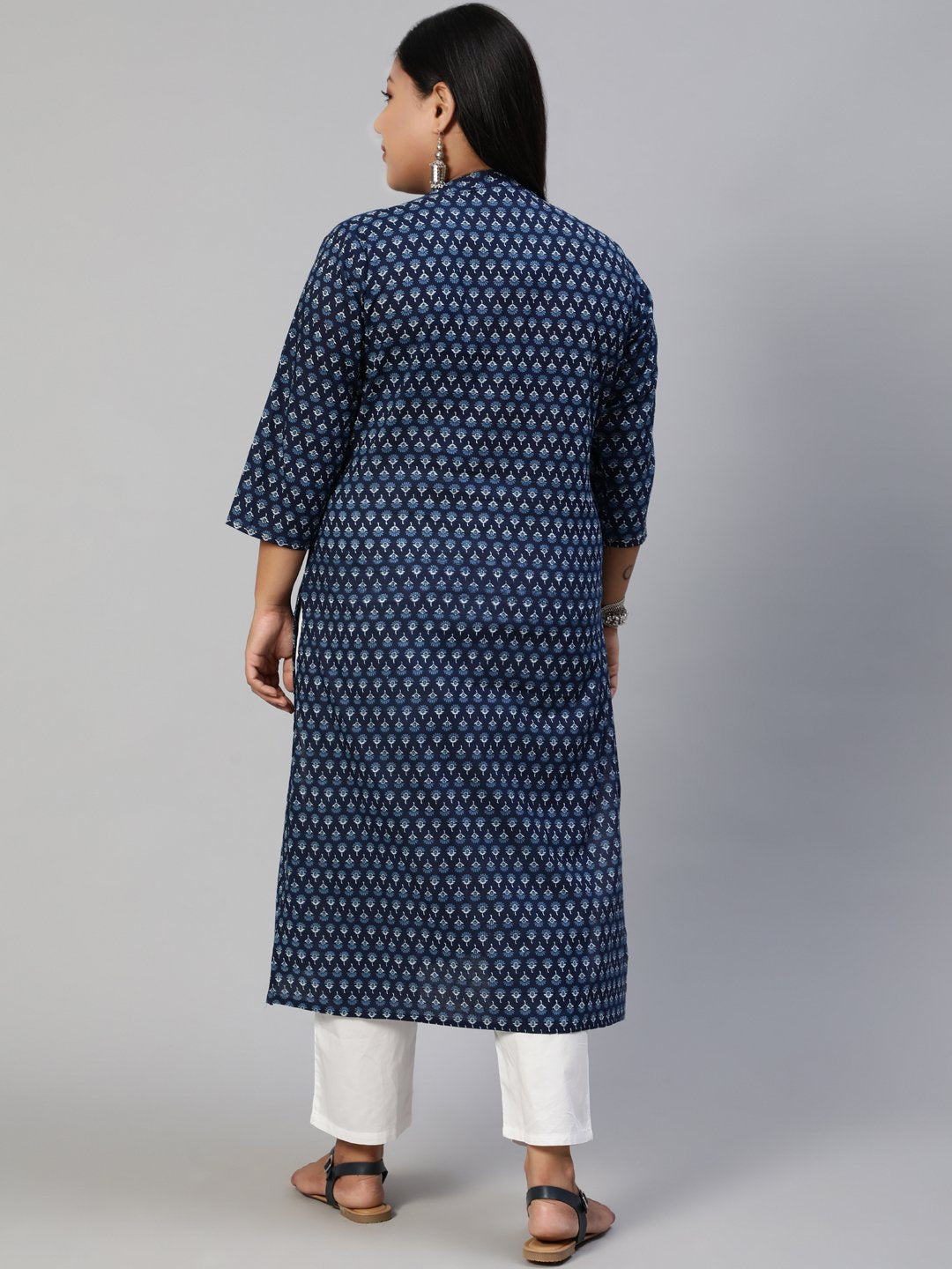 Women Blue Hand Work Printed Straight Kurta With Three Quarter Sleeves | NOZ2TOZ - Made In INDIA.