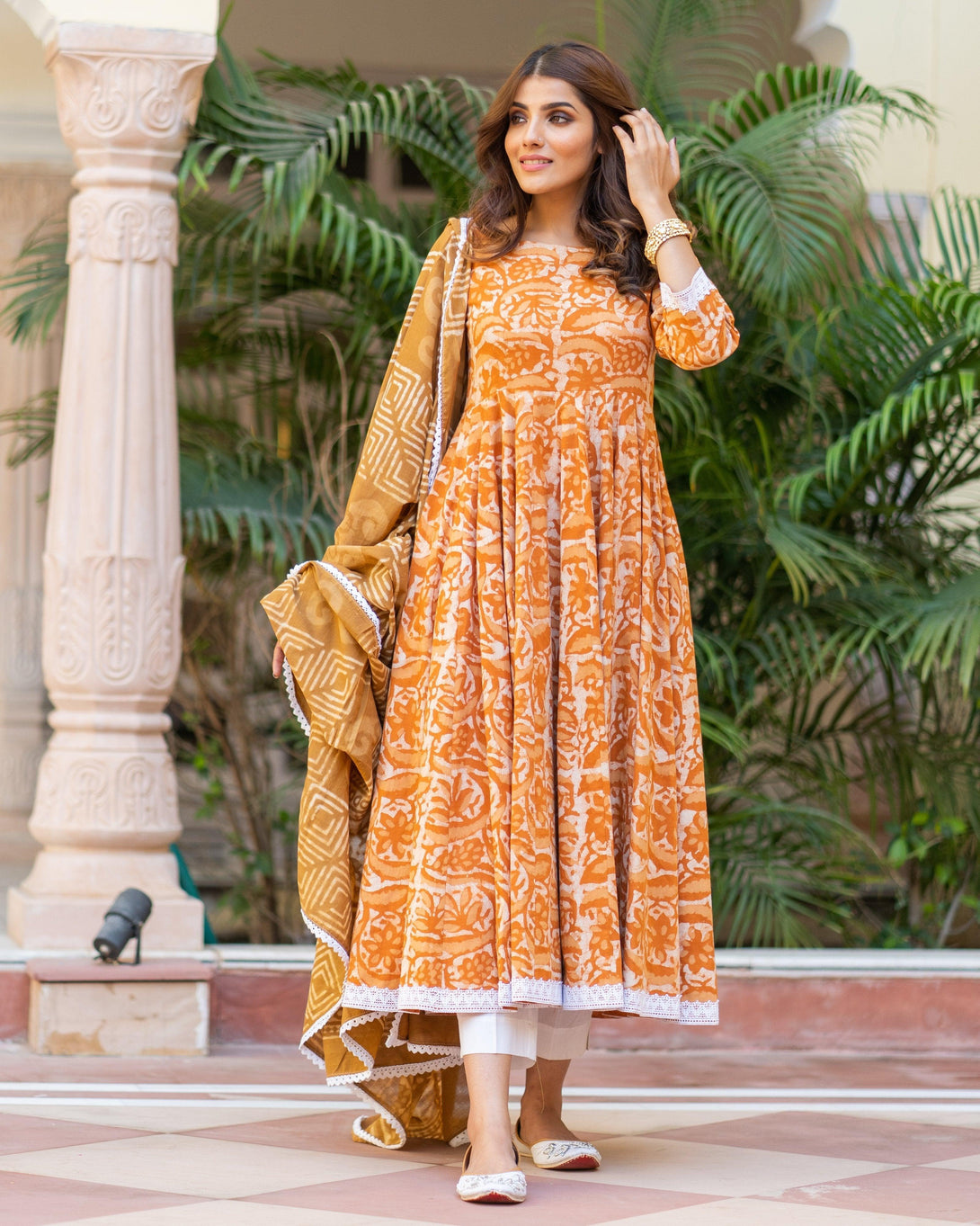 Women's Mustard Anarkali suit set with Pants & Dupatta by Baisacrafts- (3pcs set) - Indiakreations