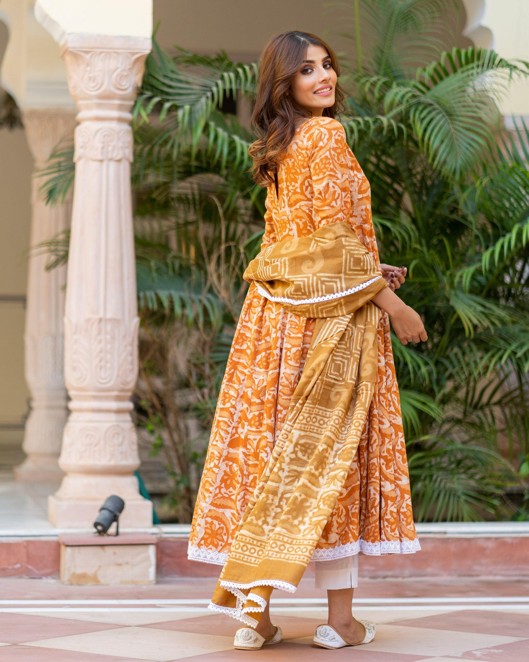 Women's Mustard Anarkali suit set with Pants & Dupatta by Baisacrafts- (3pcs set) - Indiakreations