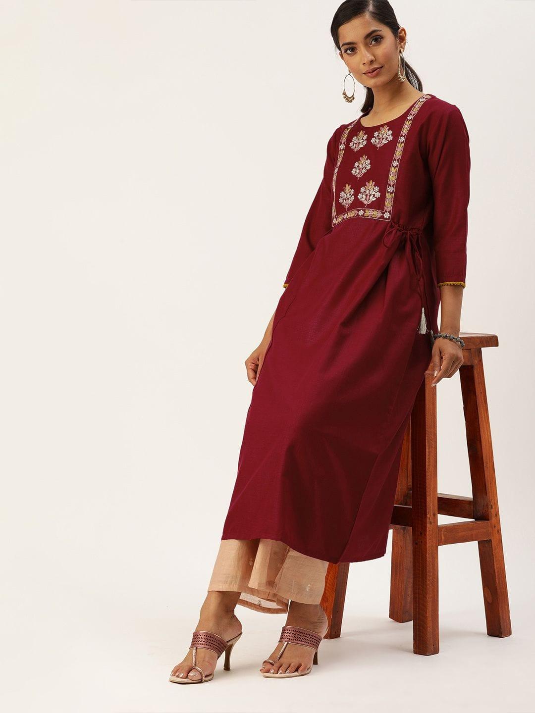 Women Maroon Embroidered A-Line Kurta With Waist Tie-Ups - Indiakreations