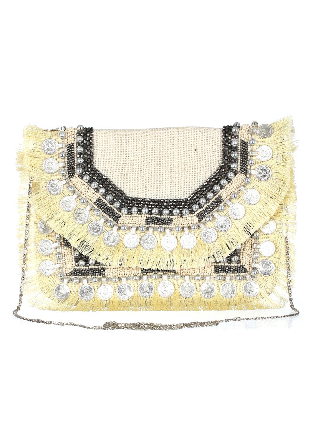 Women's Beige Coin Embellished Jute Sling Bag - Priyaasi - Indiakreations