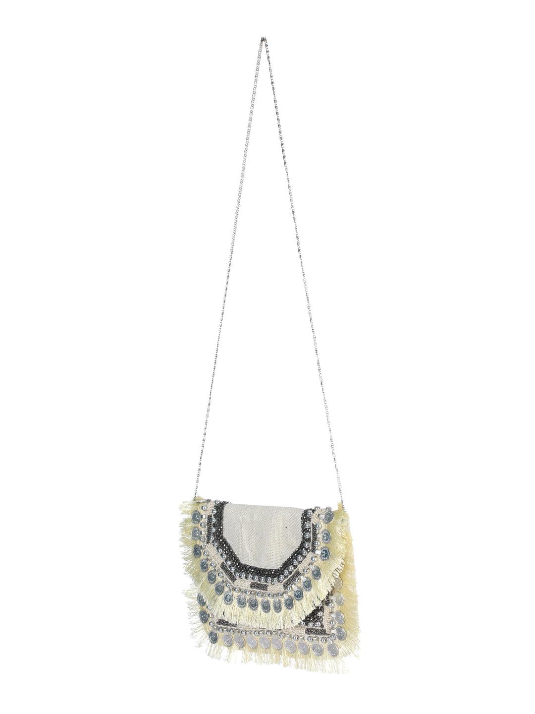 Women's Beige Coin Embellished Jute Sling Bag - Priyaasi - Indiakreations