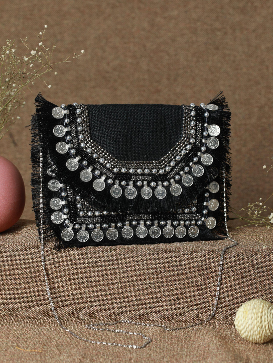 Women's Black Coin Embellished Jute Sling Bag - Priyaasi - Indiakreations