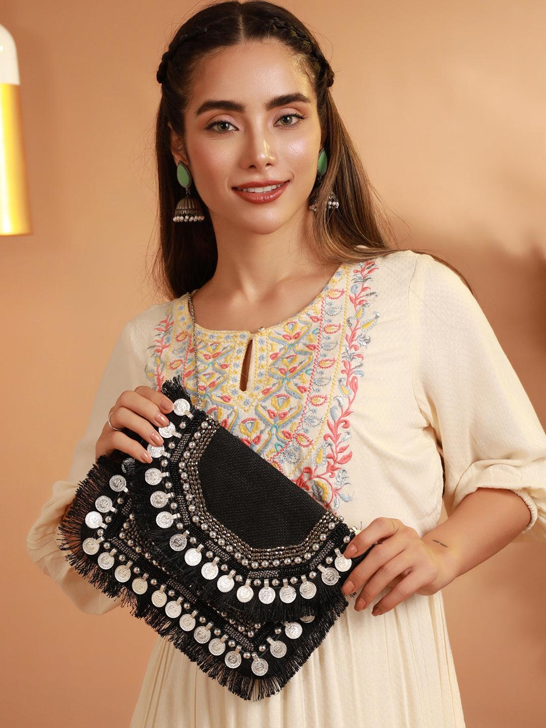 Women's Black Coin Embellished Jute Sling Bag - Priyaasi - Indiakreations