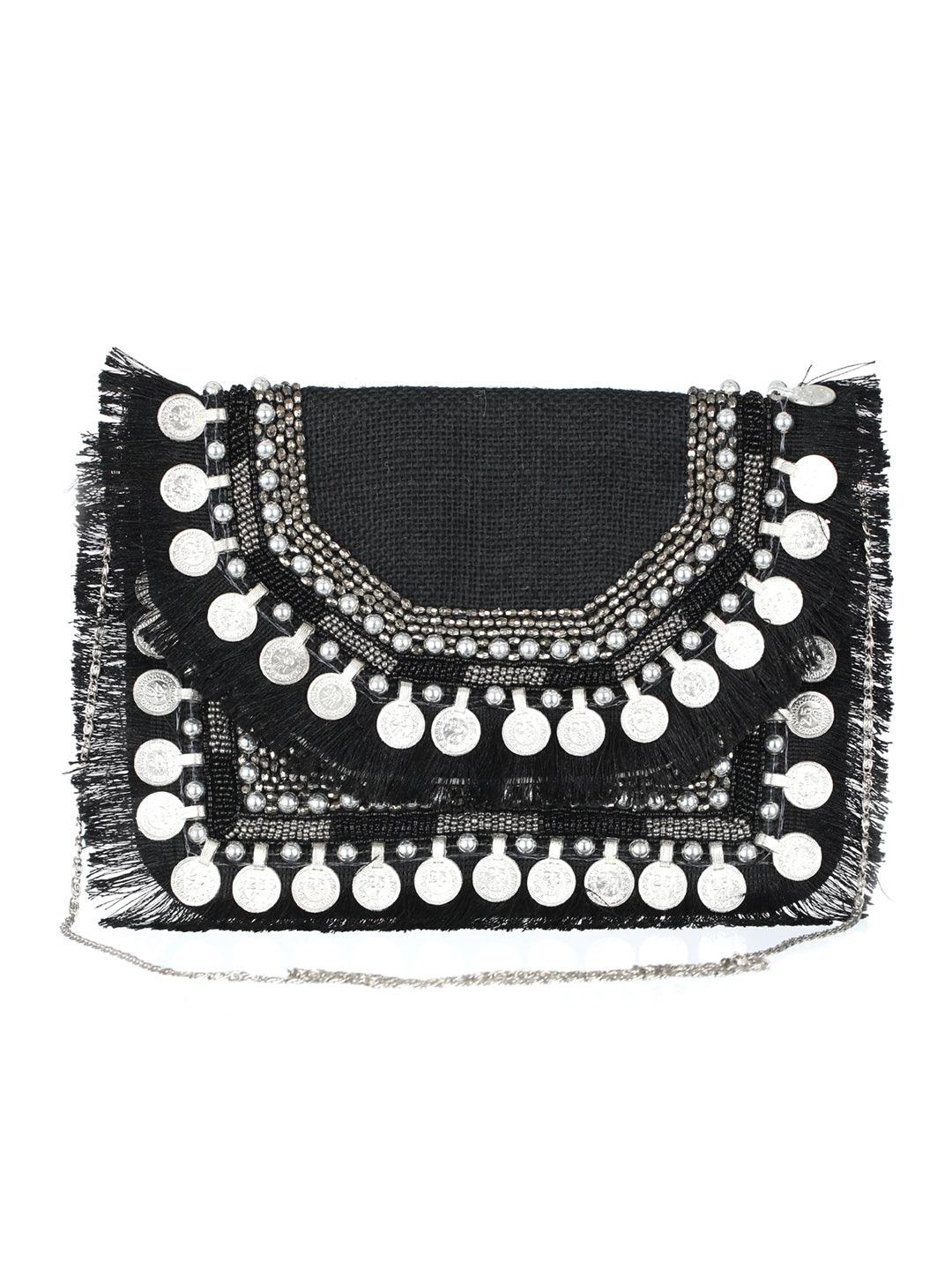 Women's Black Coin Embellished Jute Sling Bag - Priyaasi - Indiakreations