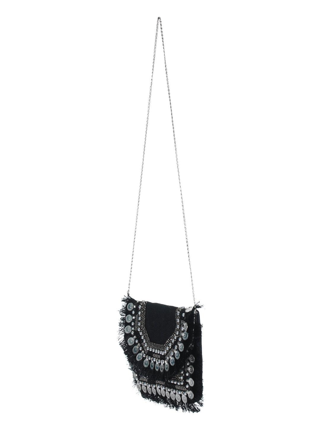 Women's Black Coin Embellished Jute Sling Bag - Priyaasi - Indiakreations