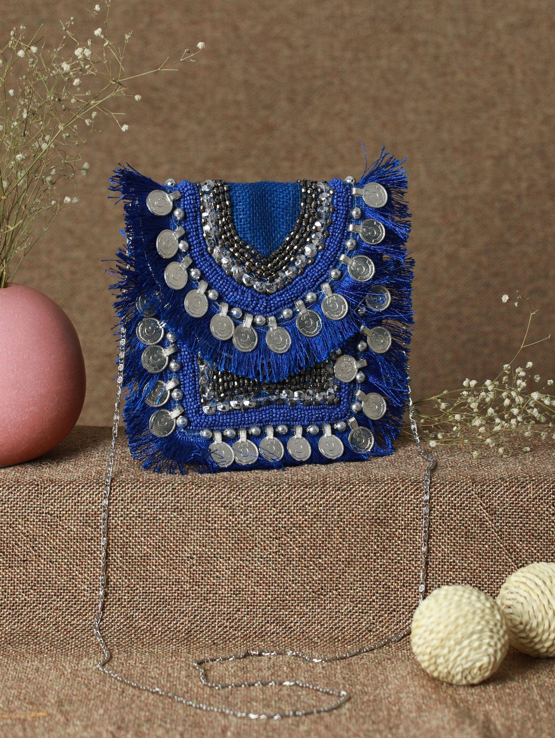 Women's Blue Coin Embellished Jute Sling Bag - Priyaasi - Indiakreations