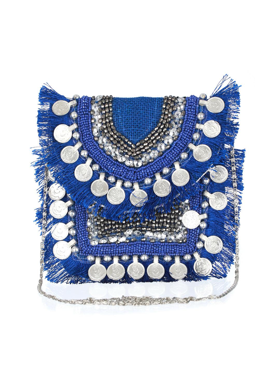 Women's Blue Coin Embellished Jute Sling Bag - Priyaasi - Indiakreations