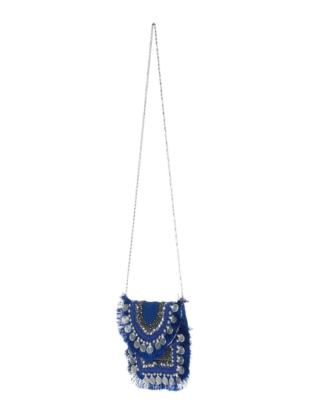 Women's Blue Coin Embellished Jute Sling Bag - Priyaasi - Indiakreations