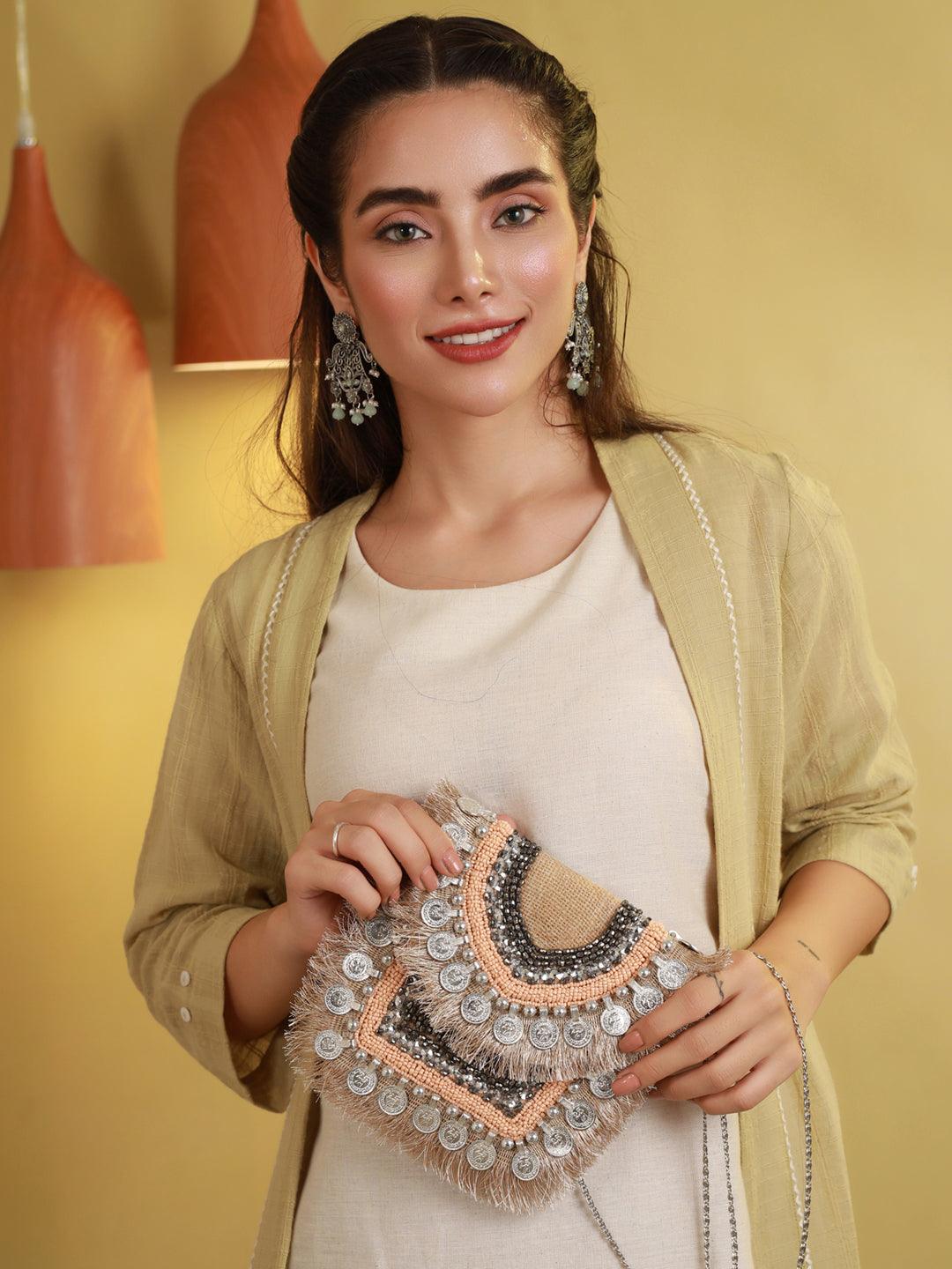 Women's Nude Coin Embellished Jute Sling Bag - Priyaasi - Indiakreations