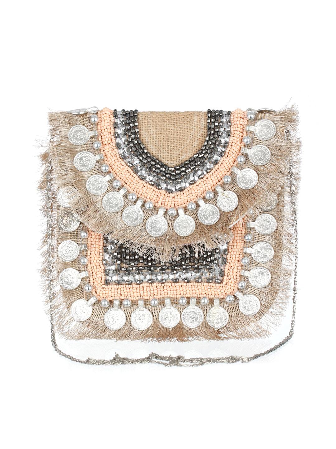 Women's Nude Coin Embellished Jute Sling Bag - Priyaasi - Indiakreations