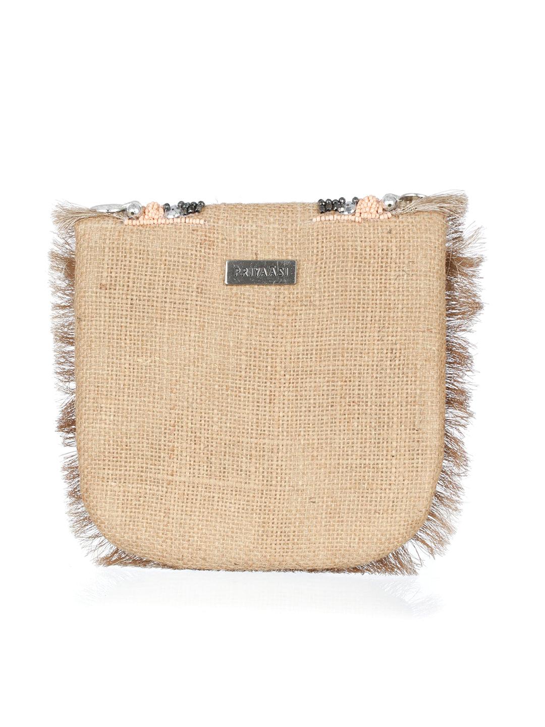 Women's Nude Coin Embellished Jute Sling Bag - Priyaasi - Indiakreations