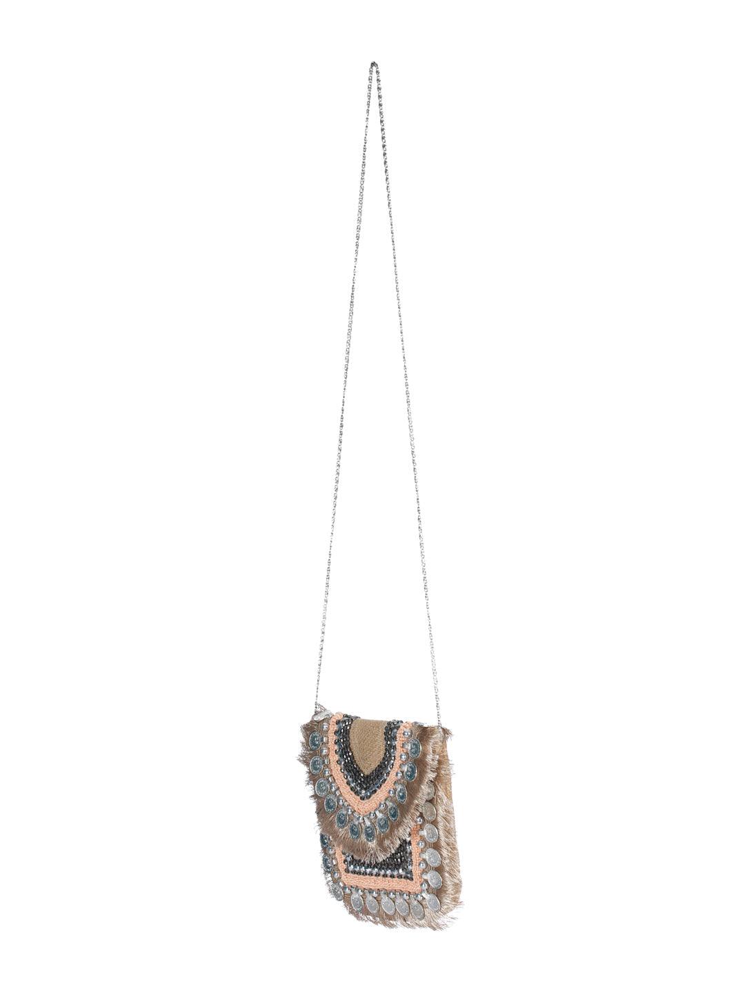 Women's Nude Coin Embellished Jute Sling Bag - Priyaasi - Indiakreations