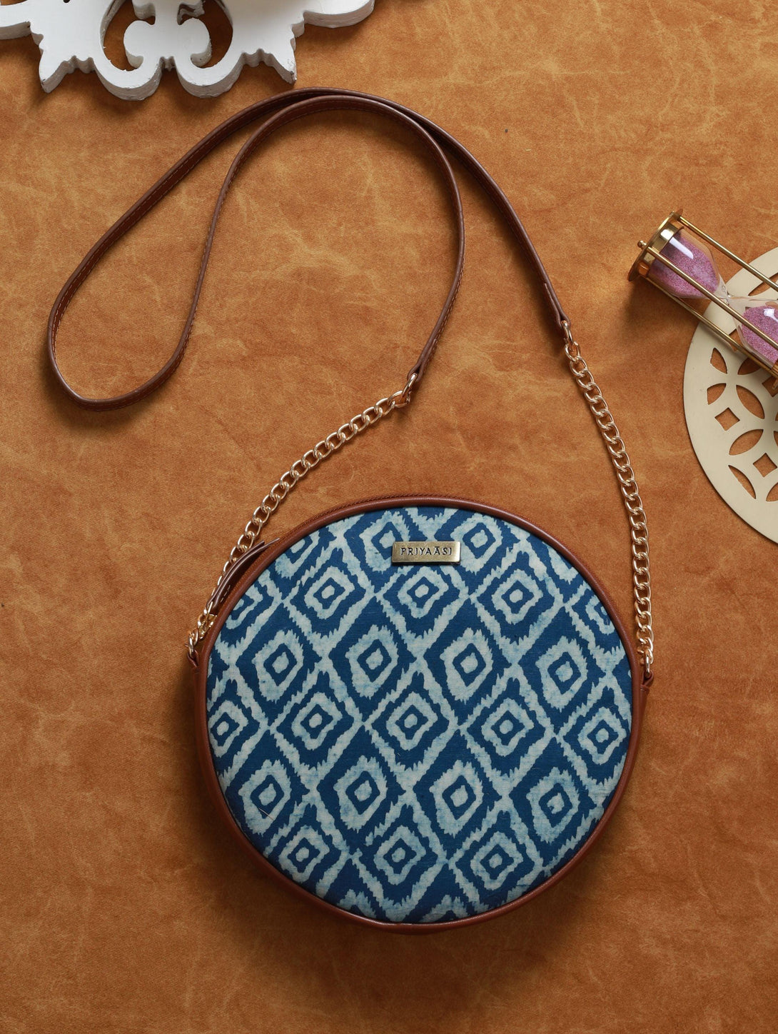 Women's Blue Ikat Round Cross Body Bag - Priyaasi - Indiakreations