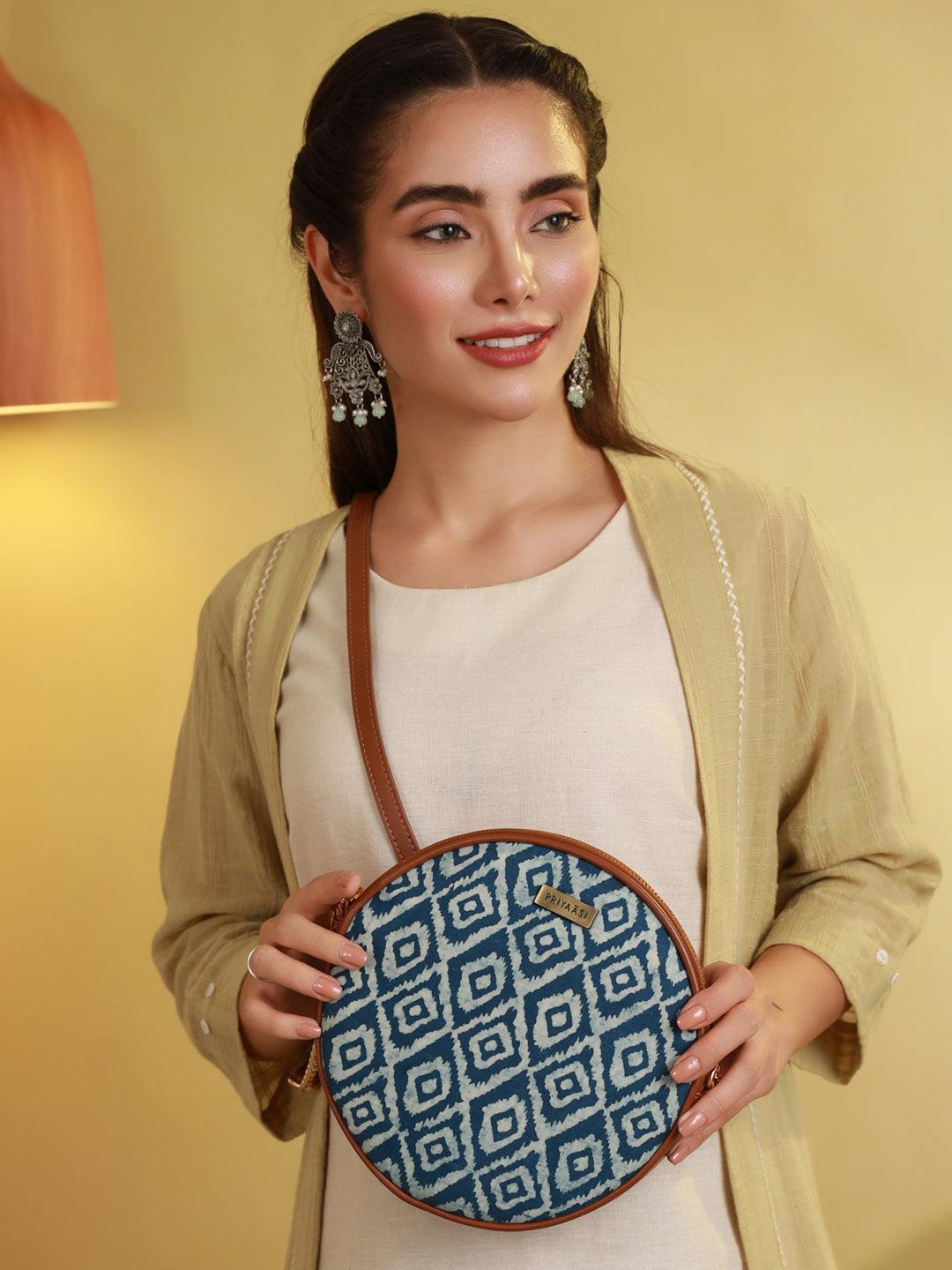 Women's Blue Ikat Round Cross Body Bag - Priyaasi - Indiakreations