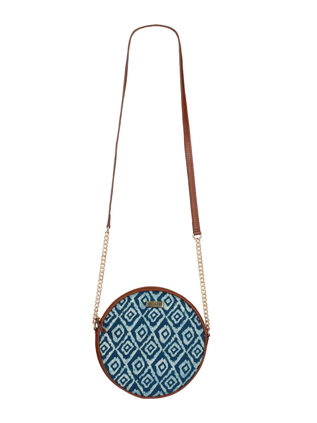 Women's Blue Ikat Round Cross Body Bag - Priyaasi - Indiakreations