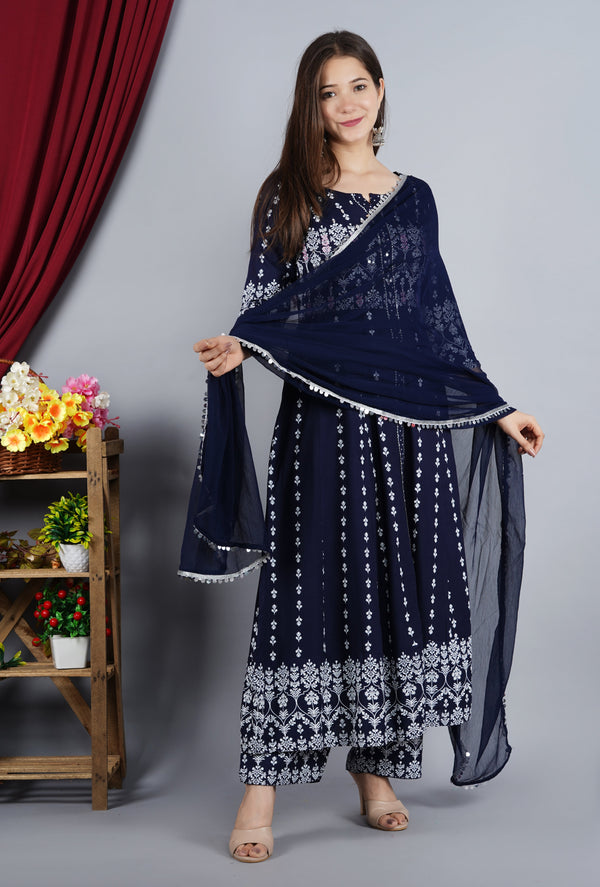 Women's Anarkali Rayon Printed Embroidered Kurta With Pant And Dupatta - Singni