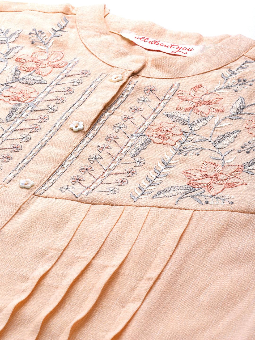 Elegant Orange Floral Embroidered Rayon A line Short Top - Indiakreations