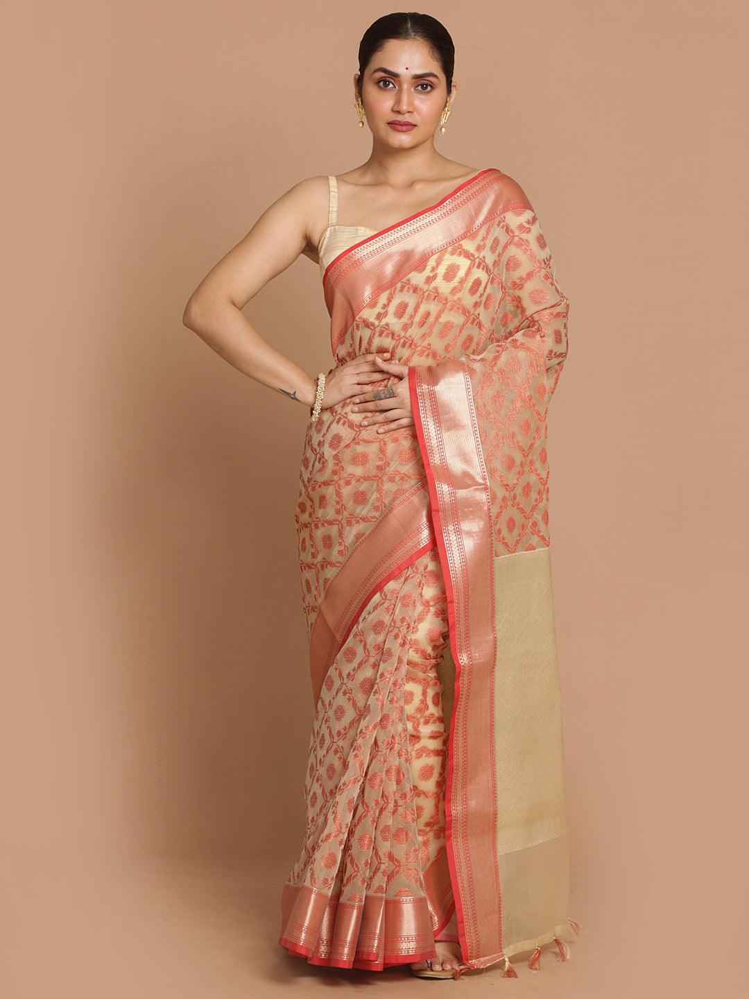 Women's Banarasi Cream Woven Design Party Wear Saree - Indethnic - Indiakreations