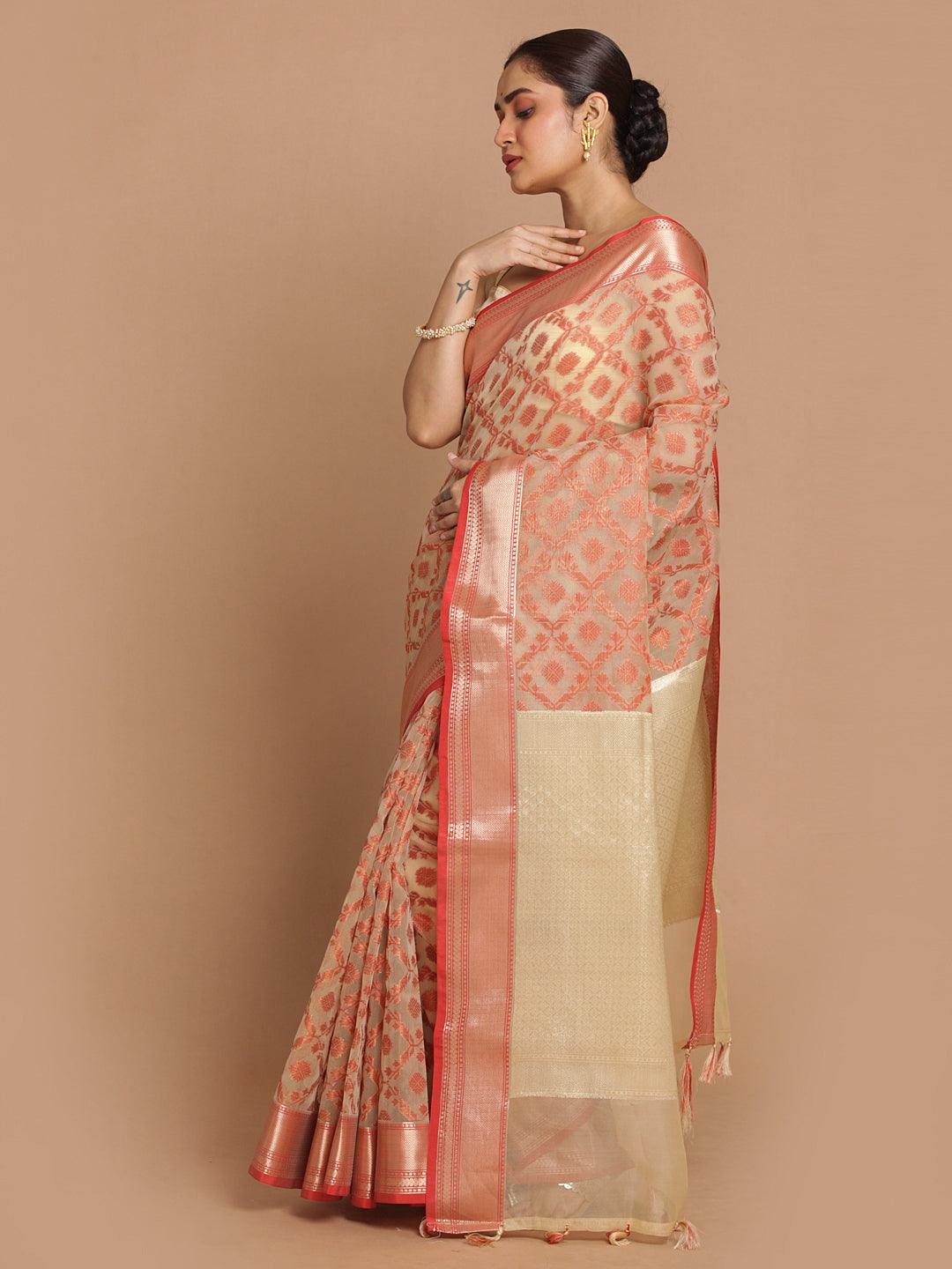 Women's Banarasi Cream Woven Design Party Wear Saree - Indethnic - Indiakreations