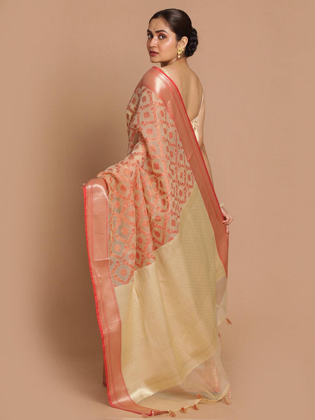 Women's Banarasi Cream Woven Design Party Wear Saree - Indethnic - Indiakreations