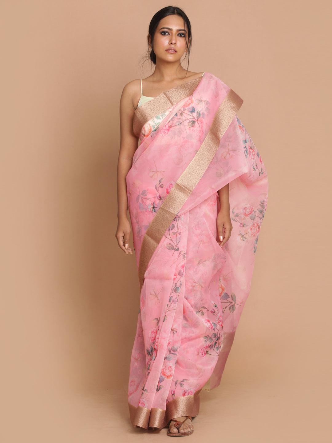 Women's Banarasi Pink Printed Party Wear Saree - Indethnic - Indiakreations