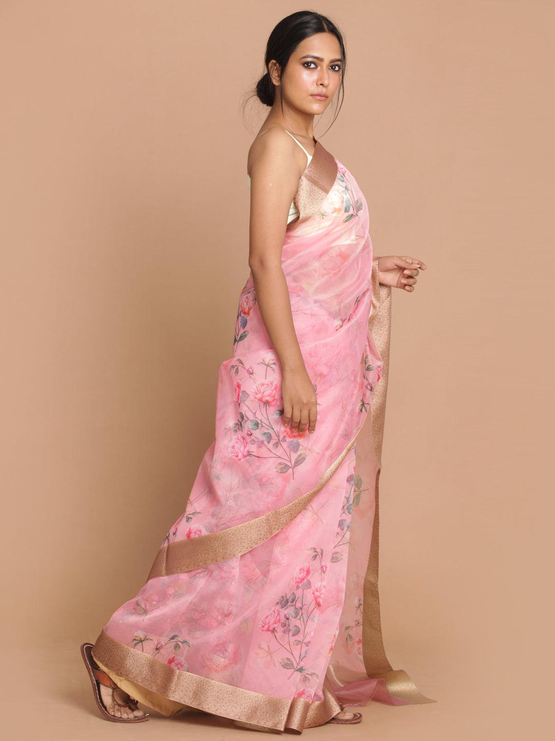 Women's Banarasi Pink Printed Party Wear Saree - Indethnic - Indiakreations