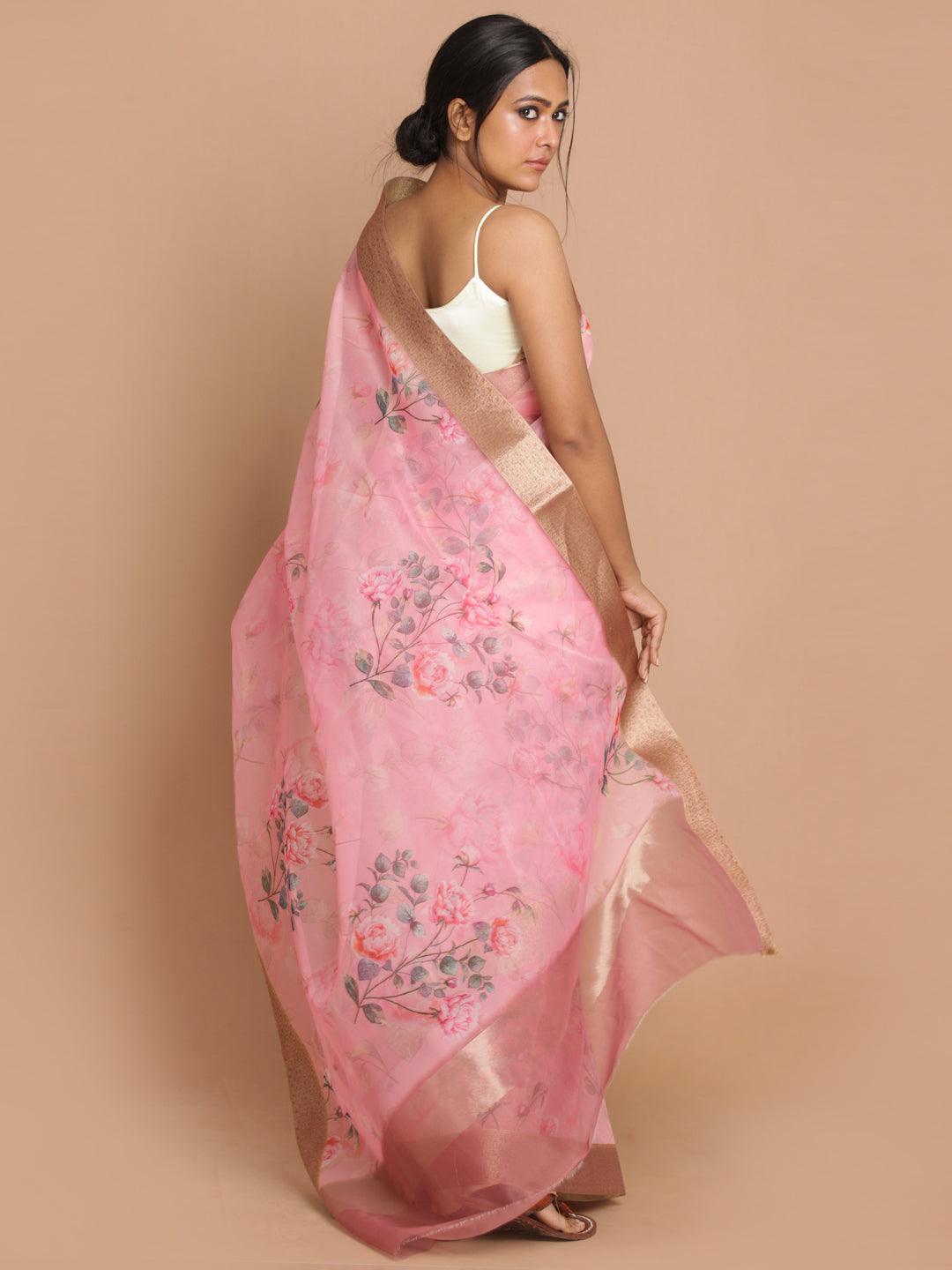 Women's Banarasi Pink Printed Party Wear Saree - Indethnic - Indiakreations