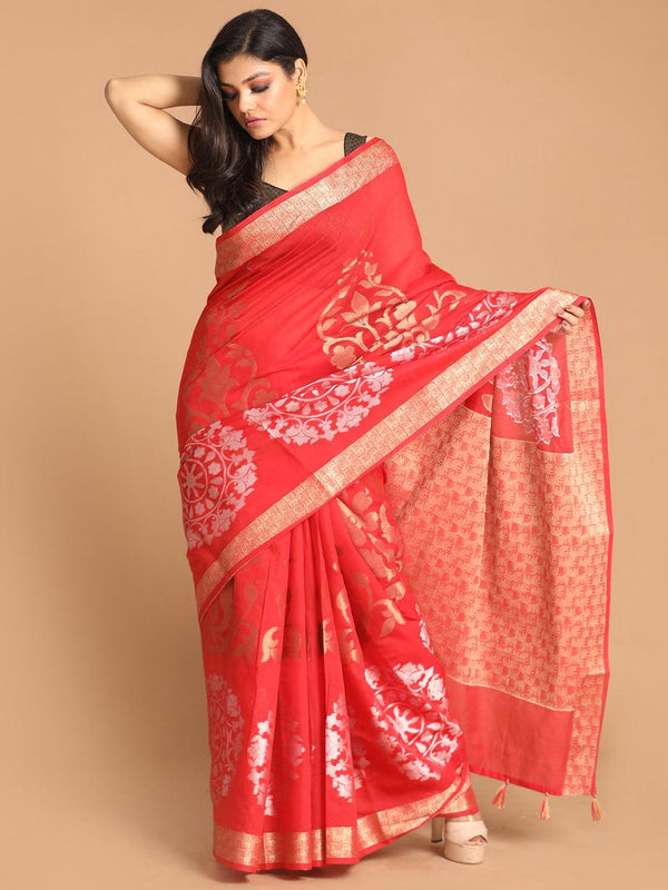 Women's Banarasi Red Woven Design Festive Wear Saree - Indethnic - Indiakreations