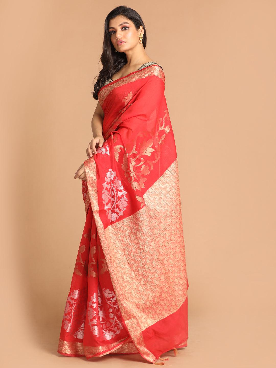 Women's Banarasi Red Woven Design Festive Wear Saree - Indethnic - Indiakreations